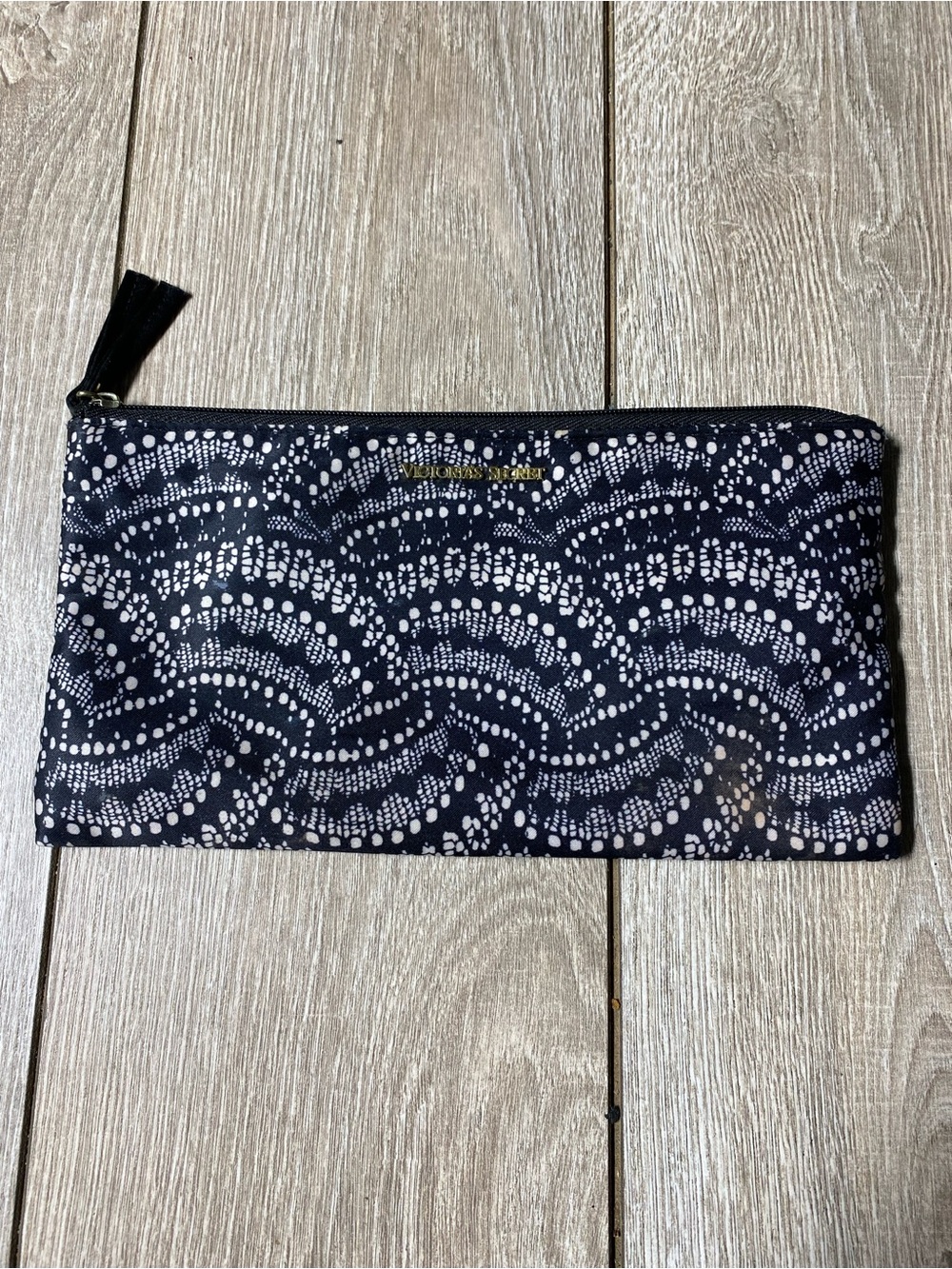 Victoria's Secret Black White Fan Lace Pattern Zip Makeup Cosmetic Bag Pouch